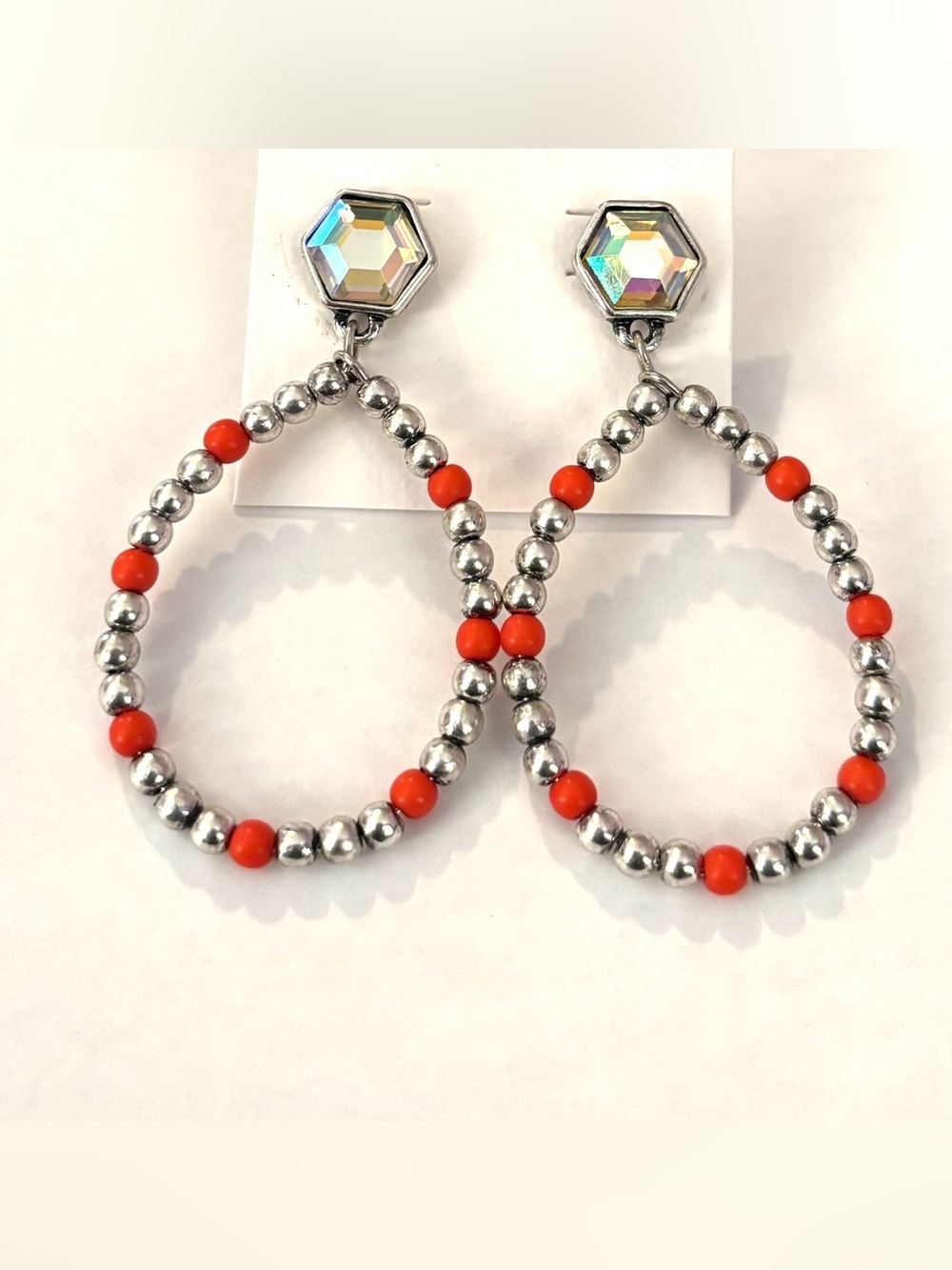 Fashion Jewelry Silver Hoop Earrings with Coral Beads & Crystal Tops